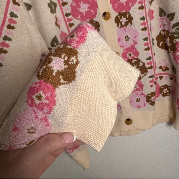 Polagram Pink and Brown Floral Grandma Cottagecore Cardigan Sweater - Picture 4 of 7